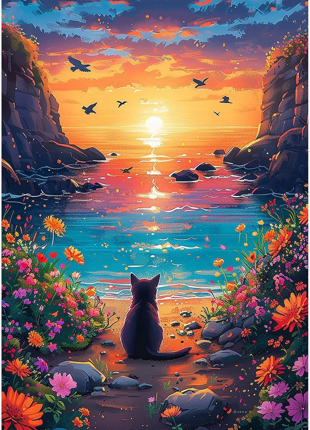 Diamond Painting Cat, 5D Diamond Painting Pictures for Adults Sea Shore, DIY Landscape Diamond Painting Set for Wall Decoration, 30 X 40 Cm