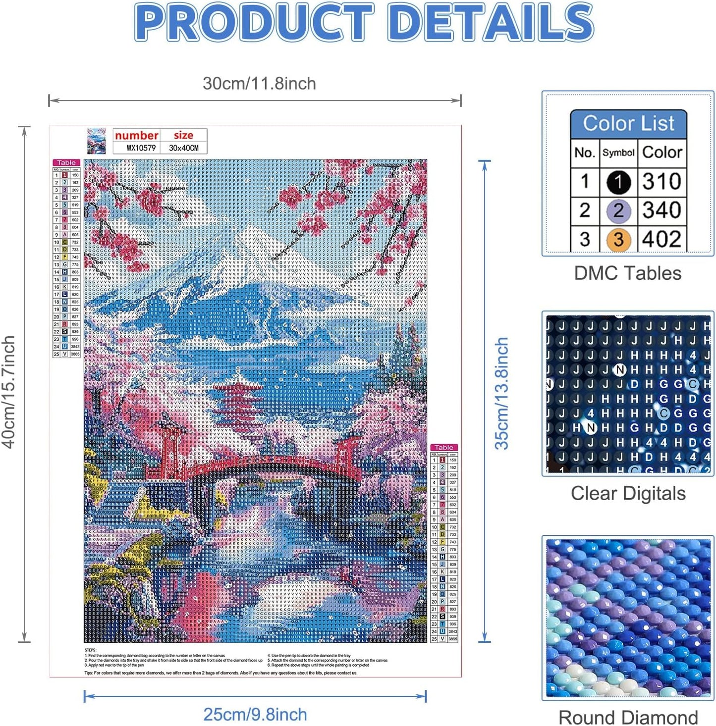 Diamond Painting Mountain Fuji, 5D Diamond Painting Pictures for Adults, Landscape, DIY Diamond Painting Set for Wall Decoration, 30 X 40 Cm