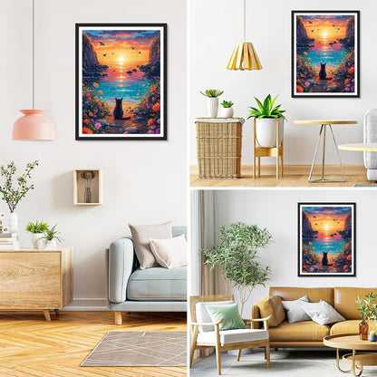 Diamond Painting Cat, 5D Diamond Painting Pictures for Adults Sea Shore, DIY Landscape Diamond Painting Set for Wall Decoration, 30 X 40 Cm