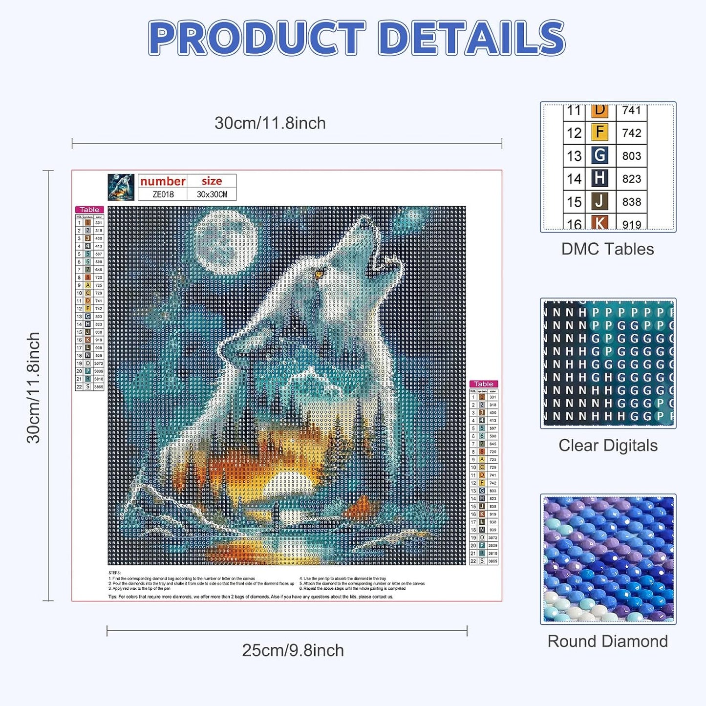 5D Wolf Diamond Painting Kits for Adults, Full round Drill Fantasy Diamond Art Kits, Crystal Art Kits for Home Wall Decor Gifts 30X30Cm