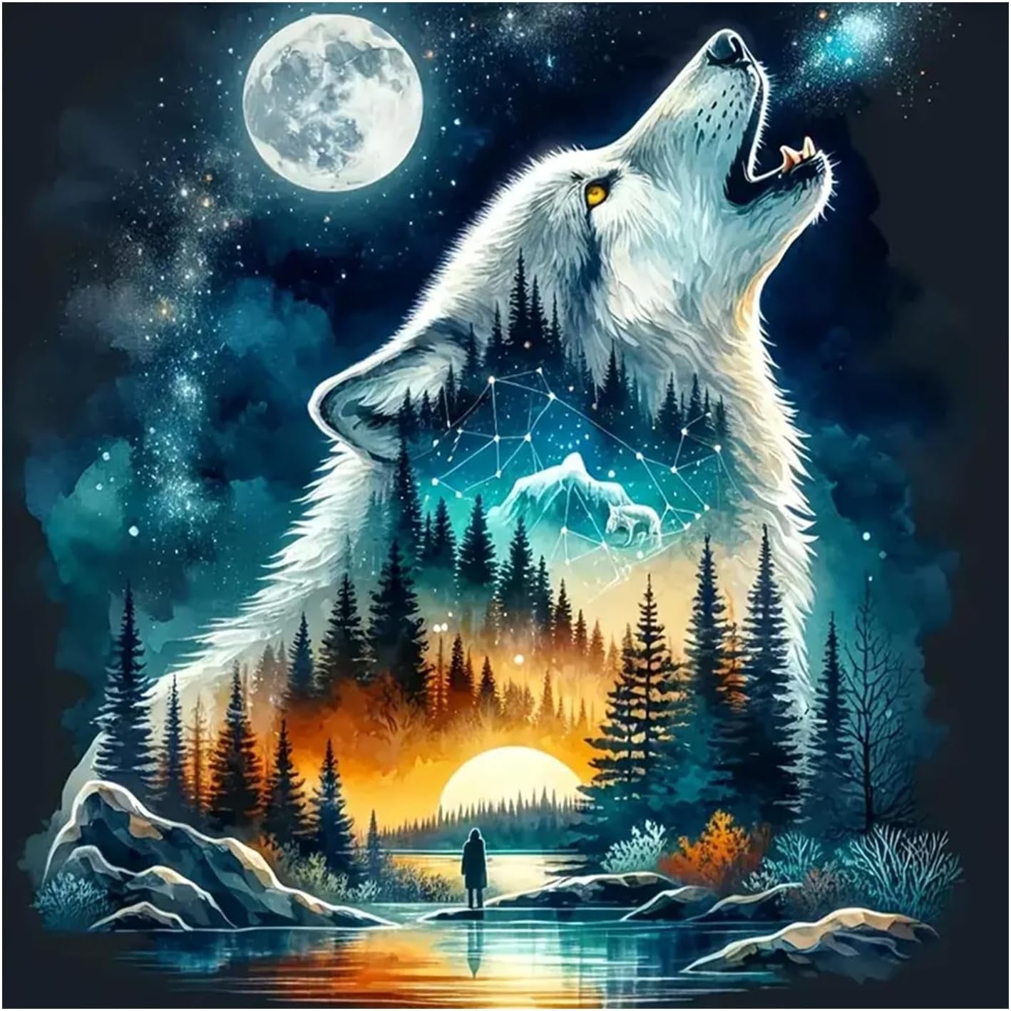 5D Wolf Diamond Painting Kits for Adults, Full round Drill Fantasy Diamond Art Kits, Crystal Art Kits for Home Wall Decor Gifts 30X30Cm
