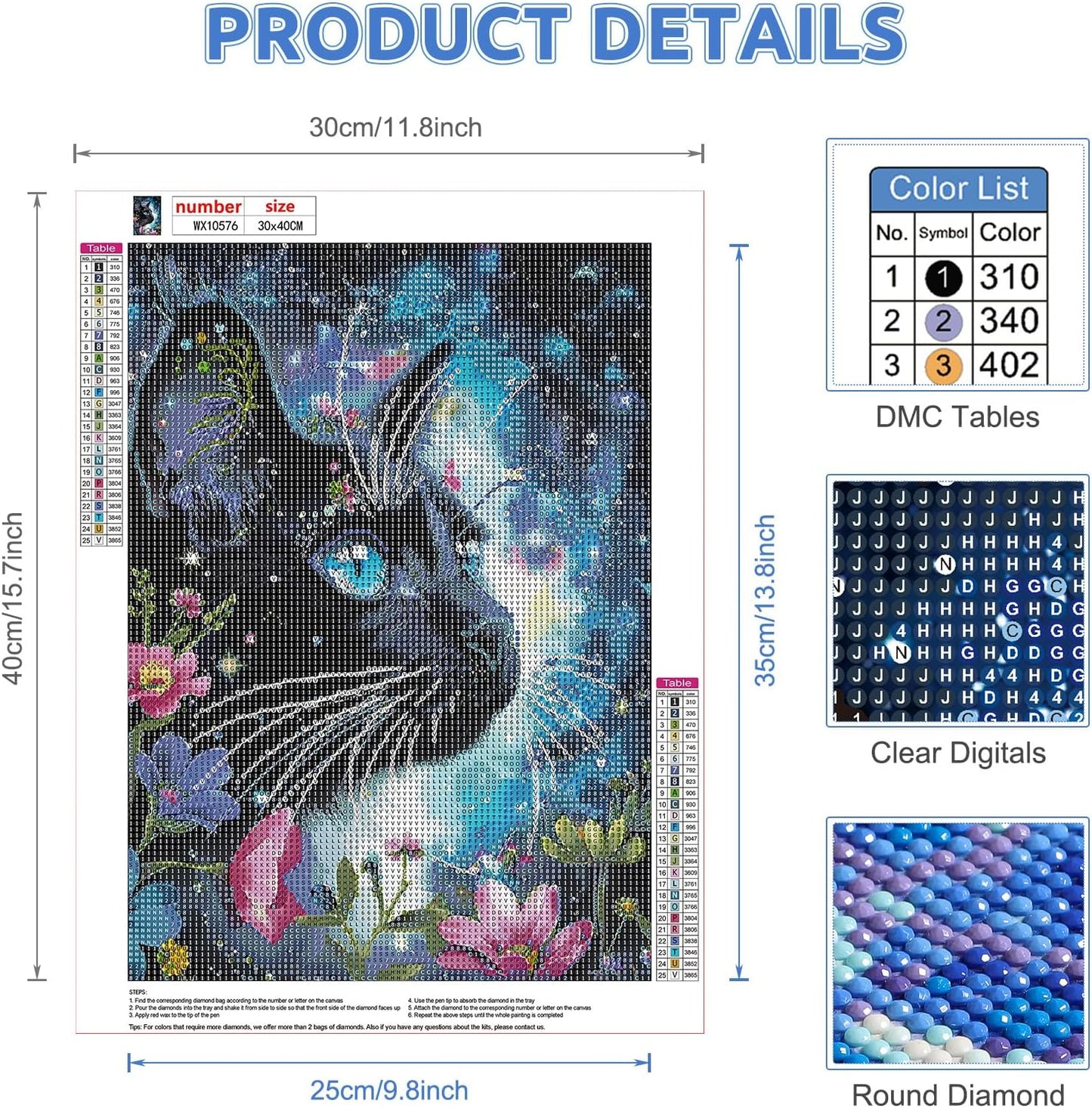 Diamond Painting Black Cat, 5D Diamond Painting Pictures for Adults, Flower, DIY Diamond Painting Set for Wall Decoration, 30 X 40 Cm