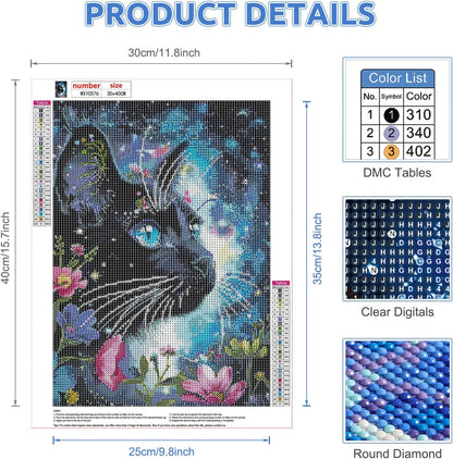 Diamond Painting Black Cat, 5D Diamond Painting Pictures for Adults, Flower, DIY Diamond Painting Set for Wall Decoration, 30 X 40 Cm