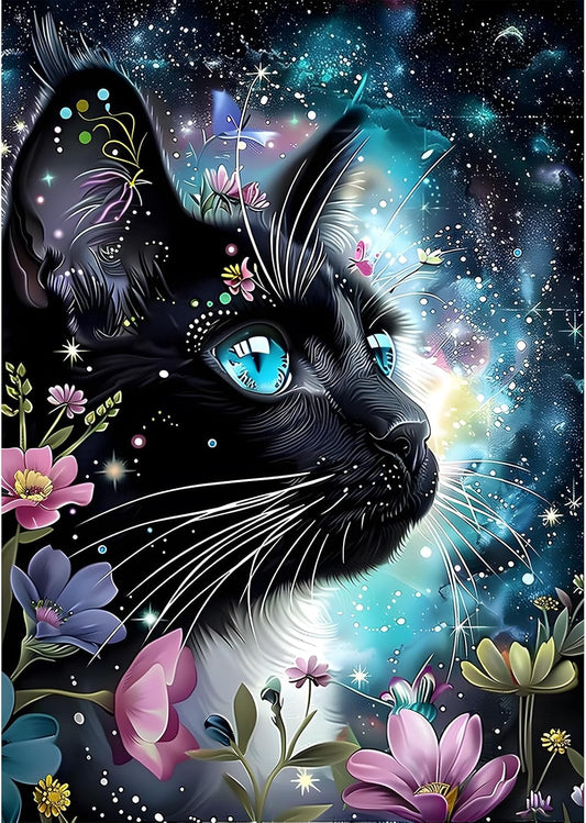 Diamond Painting Black Cat, 5D Diamond Painting Pictures for Adults, Flower, DIY Diamond Painting Set for Wall Decoration, 30 X 40 Cm